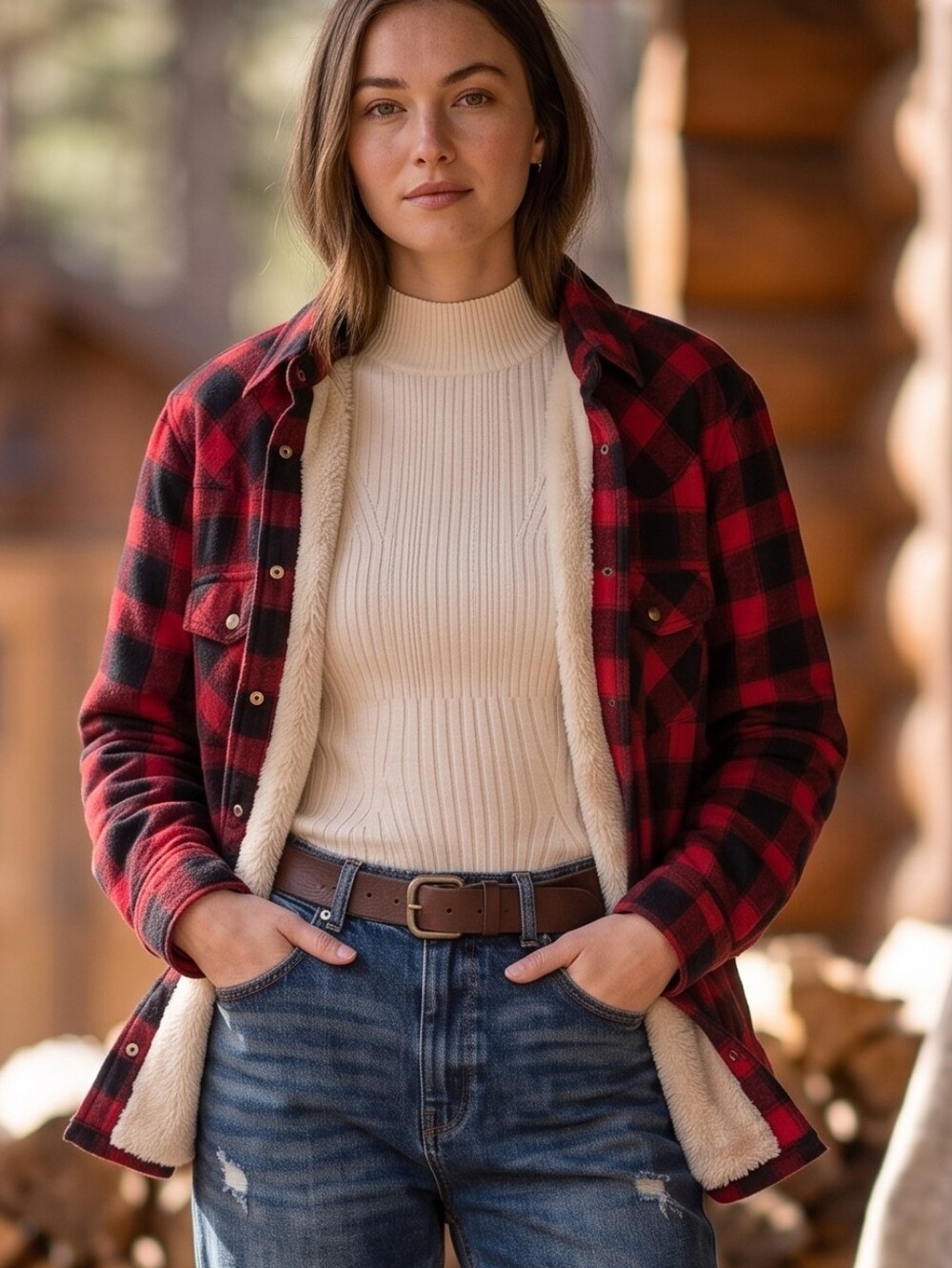JACHS Buffalo Plaid Plush Lined Shacket Cabincore Gorpcore Grunge Flannel Jacket